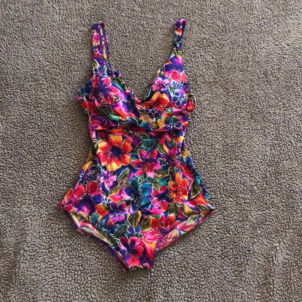 Vintage Swimsuit Multi Colored Flowers